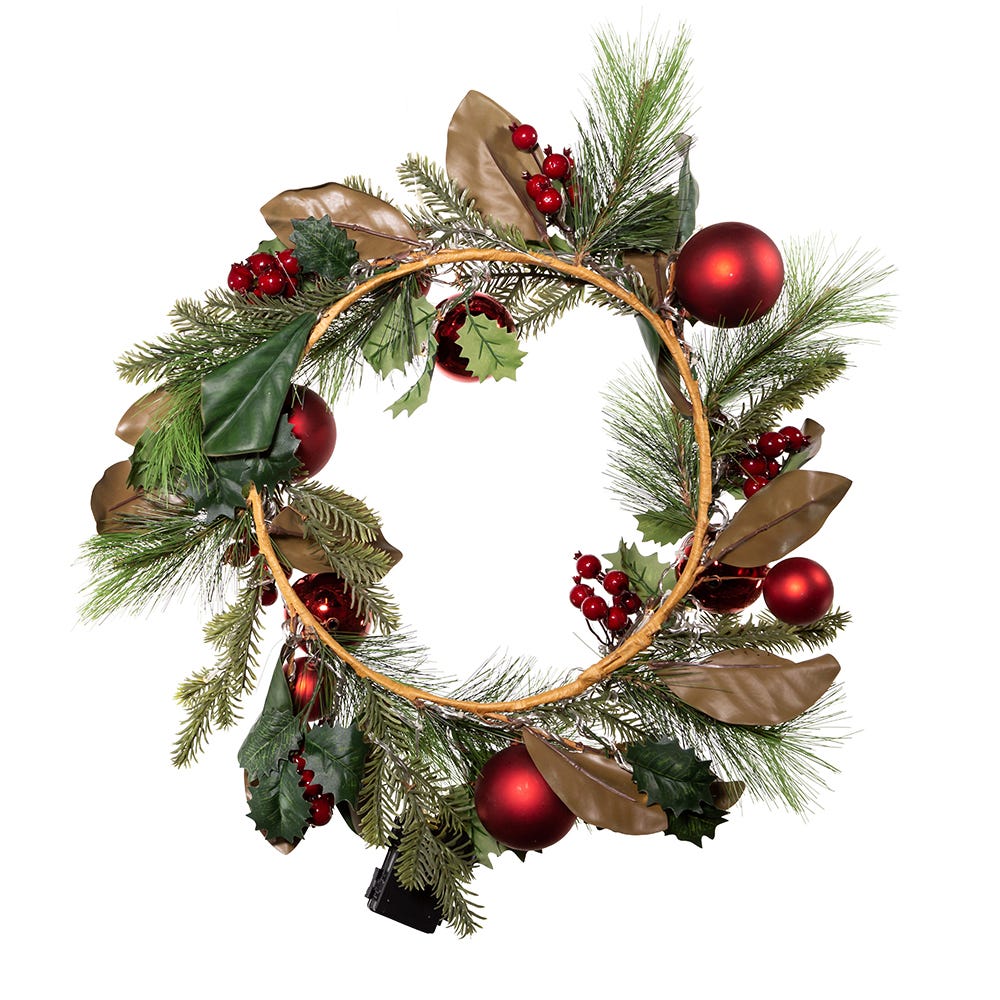 Kurt S. Adler 22“ Battery-Operated Pre-Lit Warm White LED Red Berries and Ball Ornaments Wreath