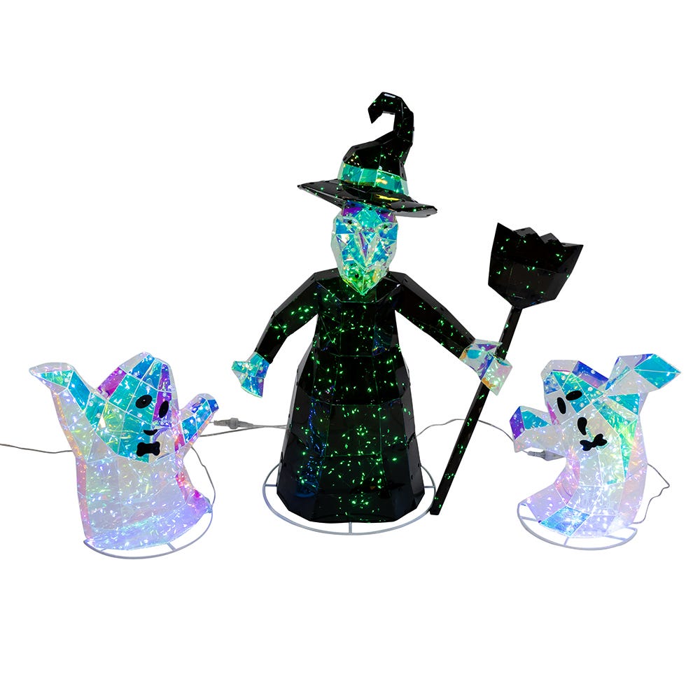 Kurt S. Adler 12“-22“ Lighted Magical Iridescence Holographic Witch & Two Ghosts, 3-Piece Set