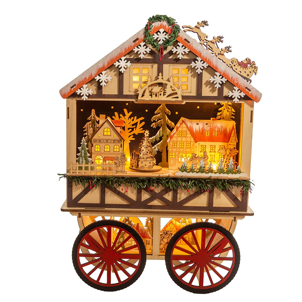 Kurt S. Adler Battery-Operated Light-Up LED Musical Wooden Wagon Christmas Village Scene