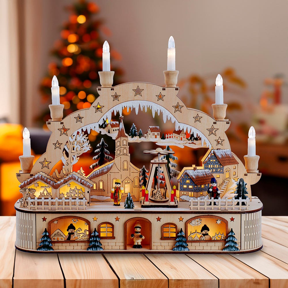 Kurt S. Adler 10.25“ Wooden LED Light-Up Musical/Motion Santa Christmas Village