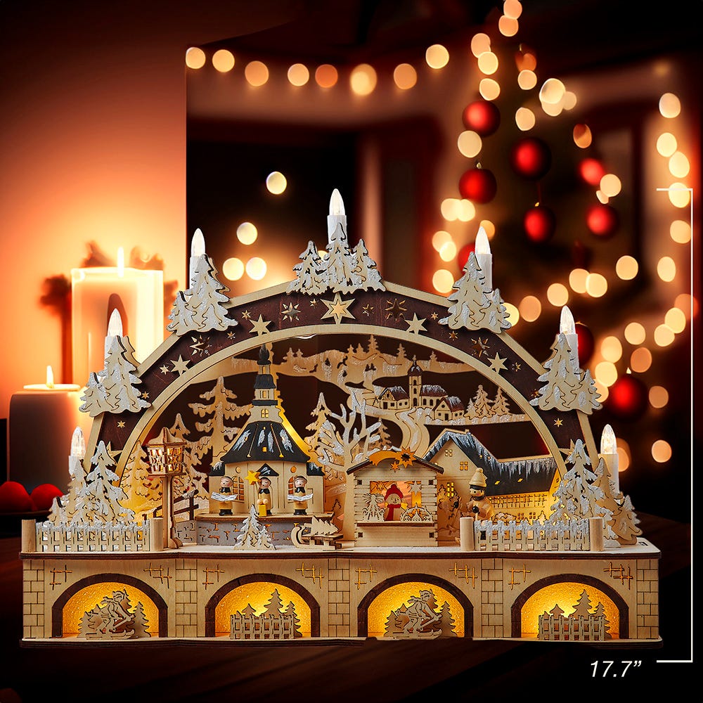 Kurt S. Adler 17.72“ Wooden LED Light-Up Christmas Village With Candle
