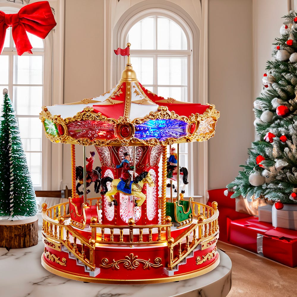 Kurt S. Adler 11.1“ Battery Operated Multicolor LED Lighted Musical Santa Carousel With Motion Table Piece
