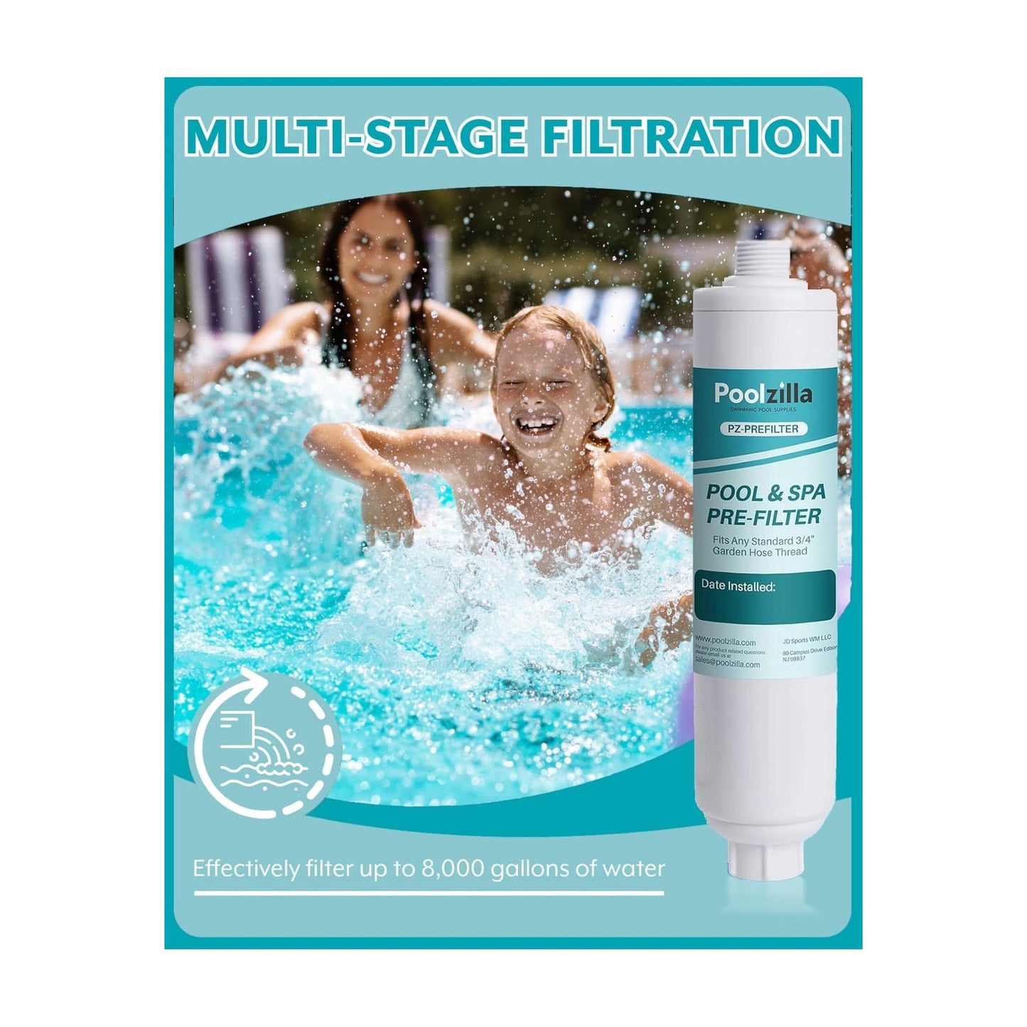 Poolzilla Prefilter for Pools, Spas, & Hot Tubs (3/4" Threads) Reduce Metals, Odors, and Chlorine Up to 8,000 Gallons
