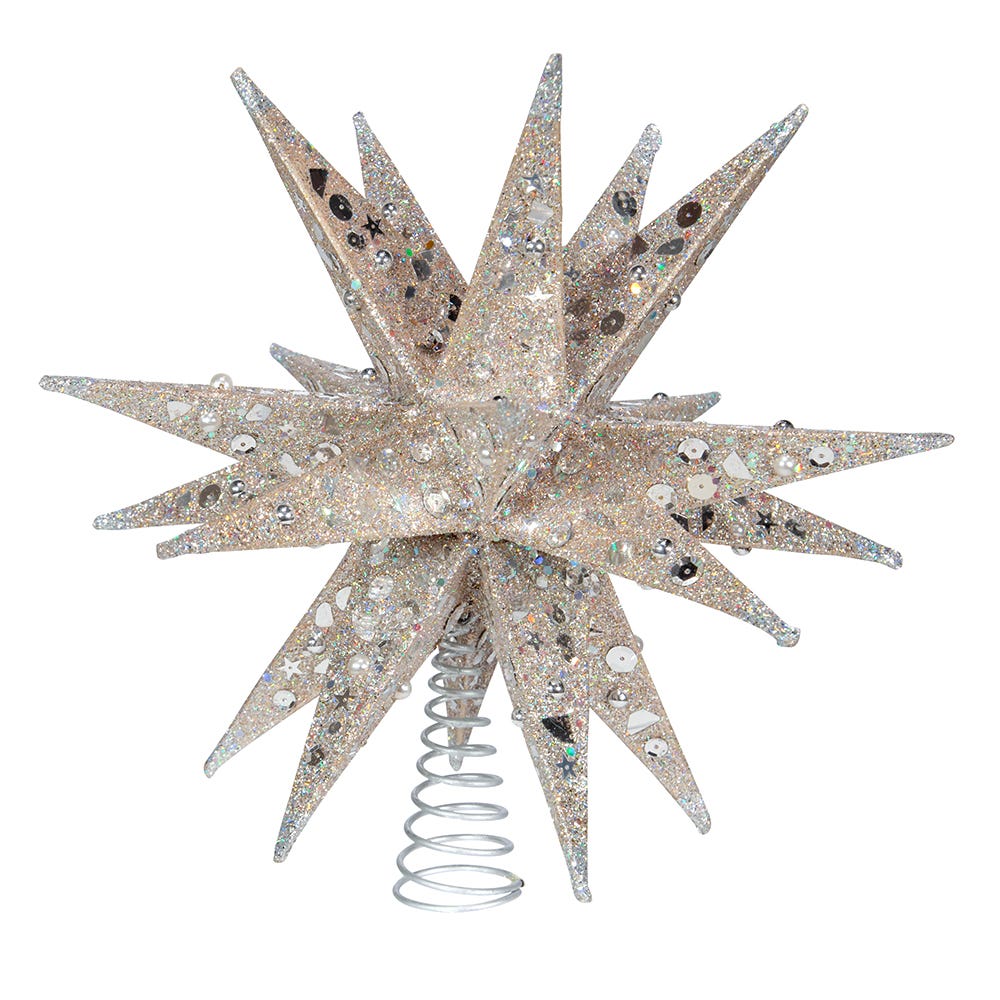 Kurt S. Adler 12“ Un-Lit Champagne and Silver Glittered Moravian Star Treetop
