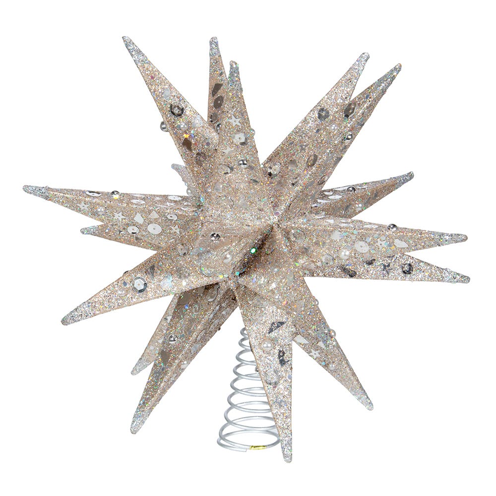 Kurt S. Adler 12“ Un-Lit Champagne and Silver Glittered Moravian Star Treetop