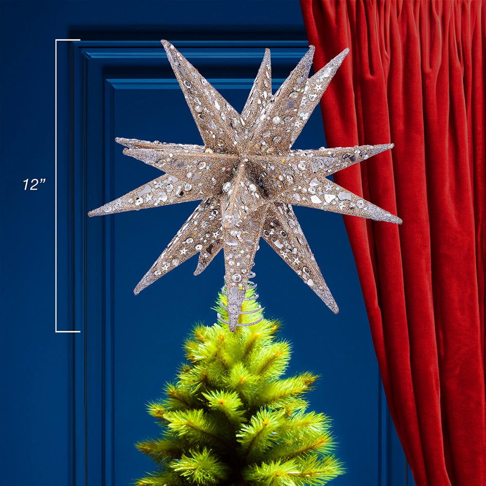 Kurt S. Adler 12“ Un-Lit Champagne and Silver Glittered Moravian Star Treetop