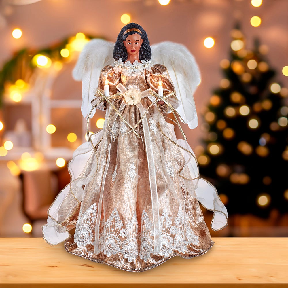 Kurt S. Adler 16“ UL 10-Light White & Rose Gold African American Angel Treetop