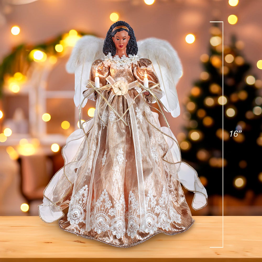 Kurt S. Adler 16“ UL 10-Light White & Rose Gold African American Angel Treetop