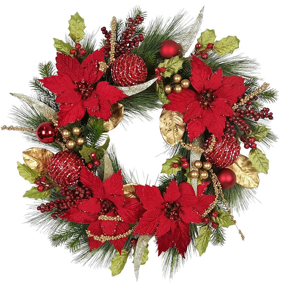 Kurt S. Adler 24“ Un-Lit Gold & Red Poinsettia Wreath