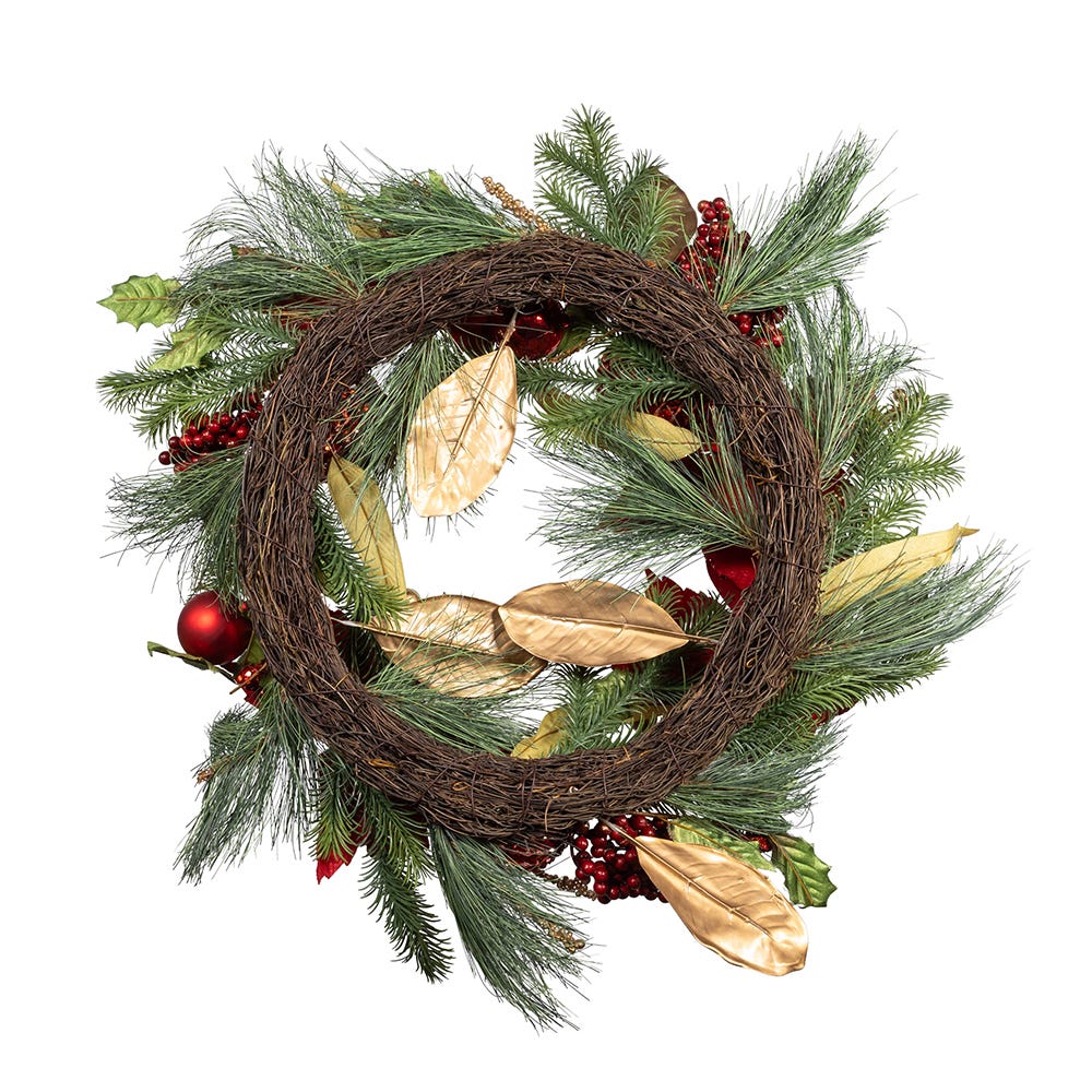 Kurt S. Adler 24“ Un-Lit Gold & Red Poinsettia Wreath
