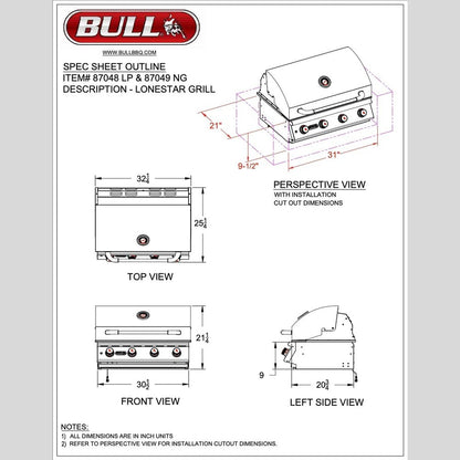 Bull Outdoor Products 87048 Lonestar Select Liquid Propane Drop-In Grill Head