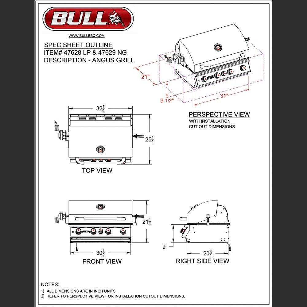 Bull Outdoor Products BBQ 47628 Angus 75,000 BTU Grill Head, Liquid Propane