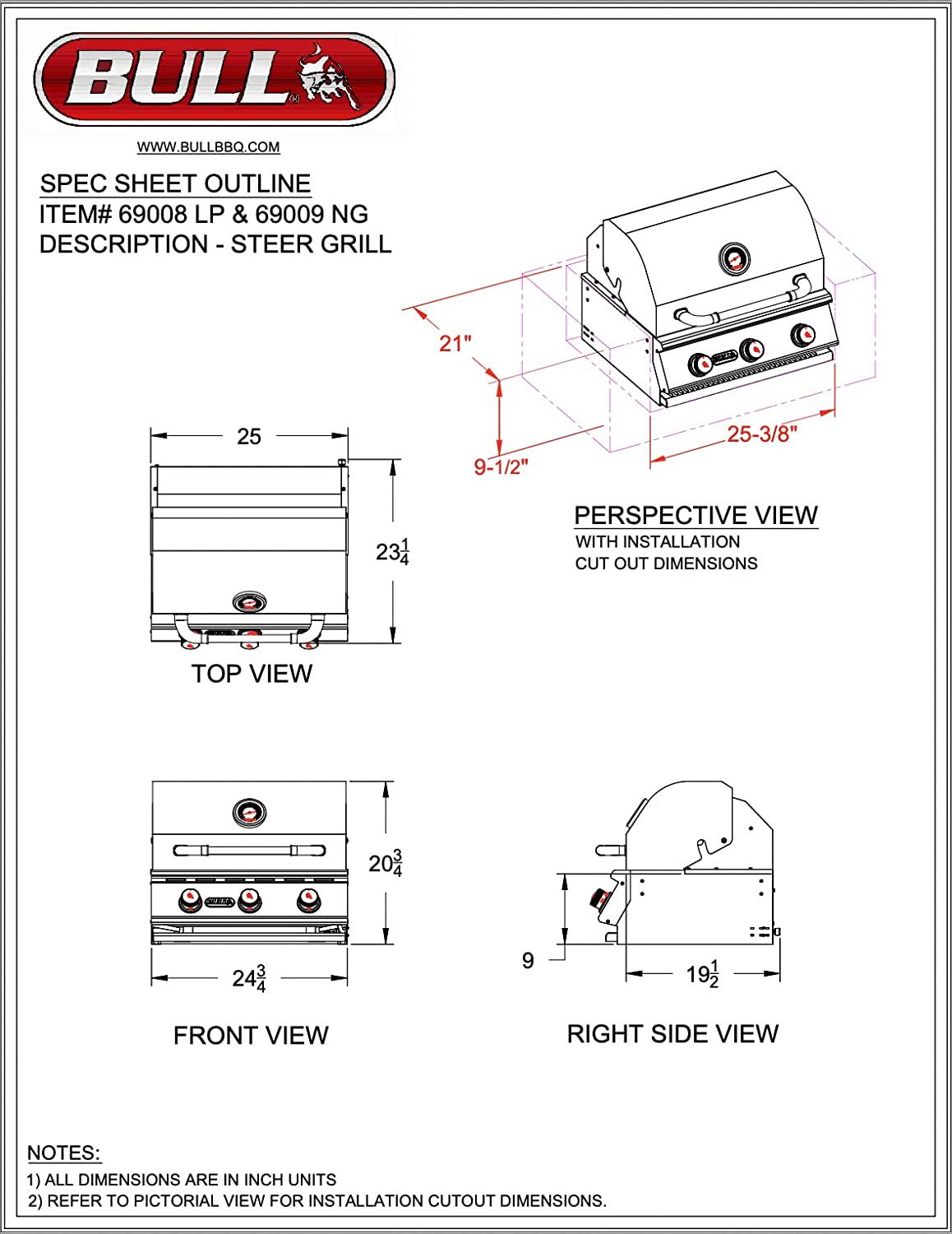 Bull Outdoor Products 69008 LP Steer Premium Drop in Grill, Liquid Propane